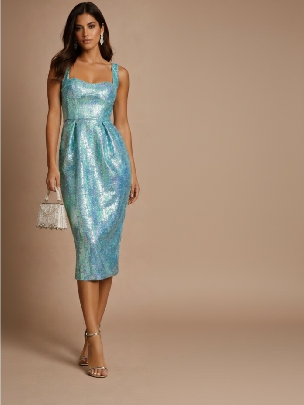 NWT Bronx and Banco Kathrine Sequin Midi Dress in Iridescent Aqua Blue Sz XS